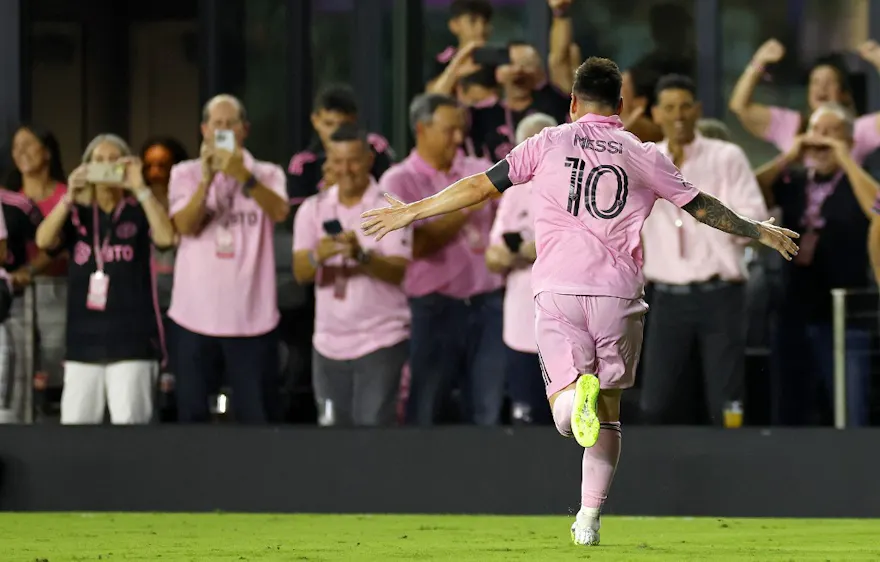 Lionel Messi of Inter Miami CF celebrates the game-winning goal after defeating Cruz Azul during the Leagues Cup 2023 match between Cruz Azul and Inter Miami CF at DRV PNK Stadium in Fort Lauderdale, Florida. Photo by Mike Ehrmann/Getty Images via AFP.