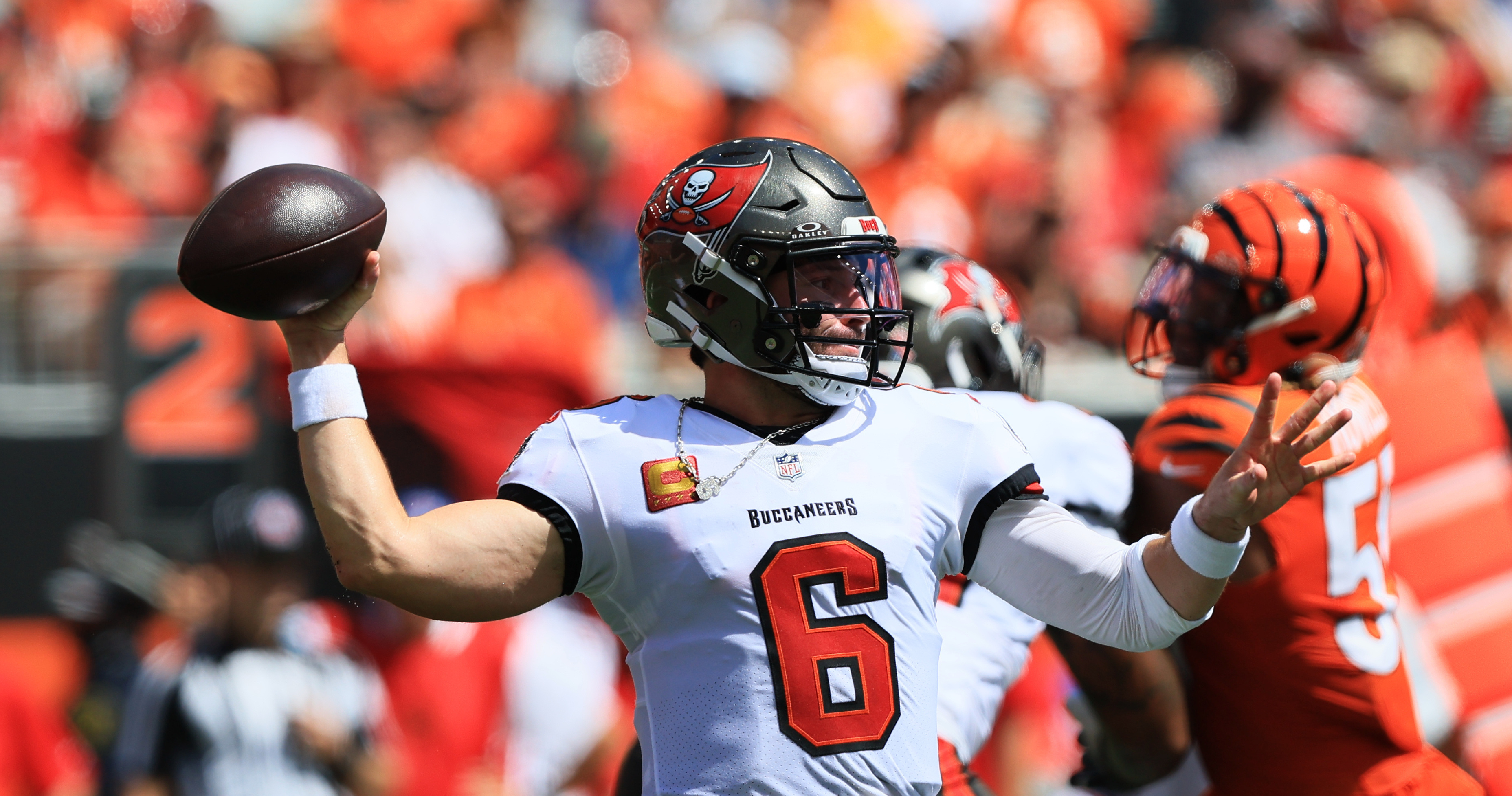Tampa Bay Buccaneers quarterback Baker Mayfield throws a pass as we make our best NFL Survivor Pool Week 2 prediction.
