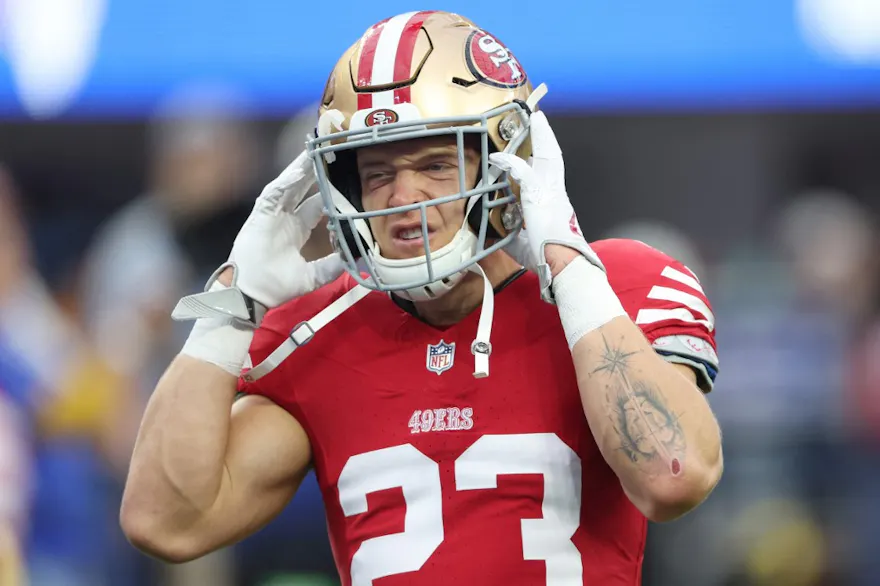 Christian McCaffrey #23 of the San Francisco 49ers warms up before the game as we look at the AGA report on betting for the 2024 Super Bowl