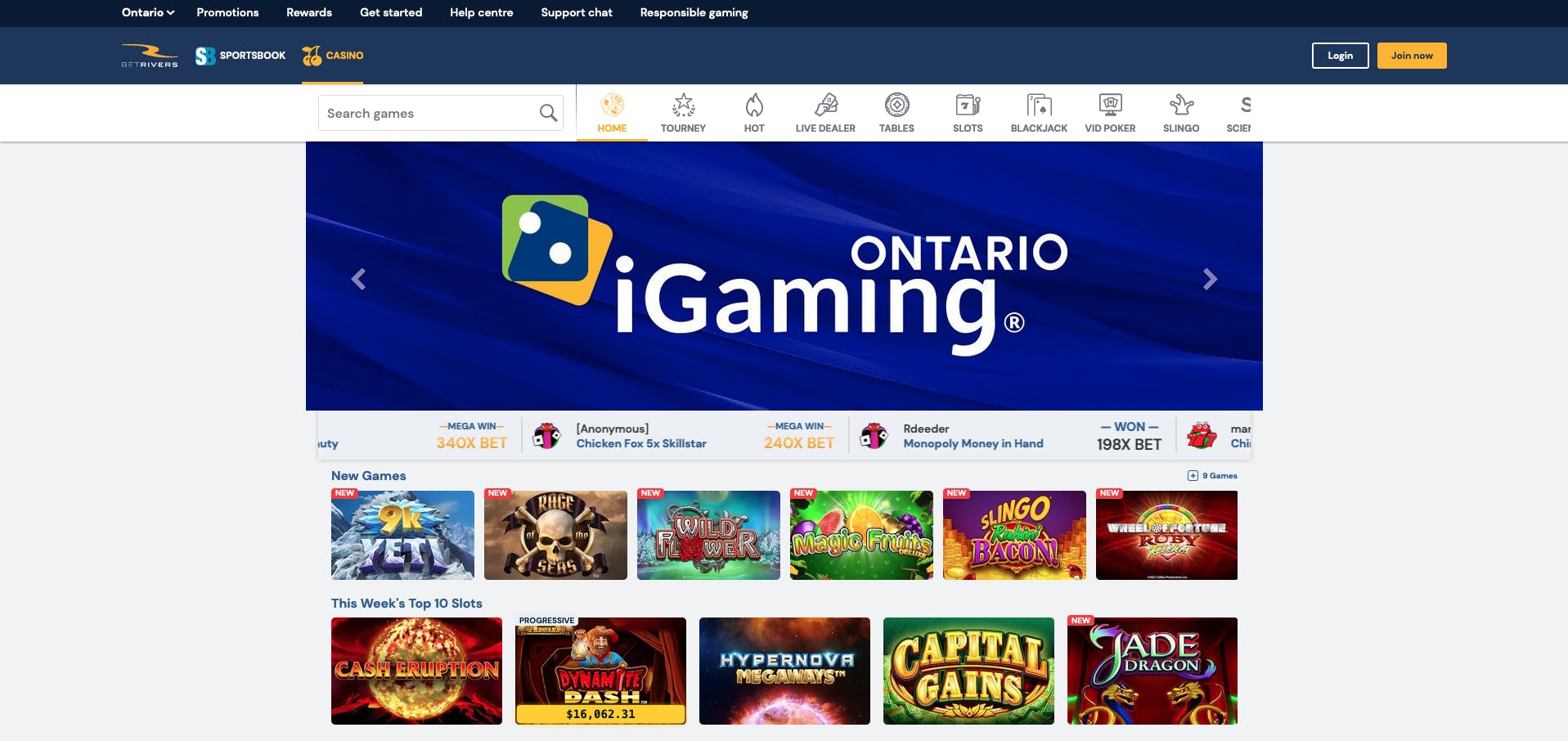 BetRivers casino homepage<br>