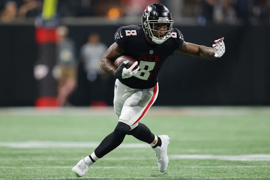 Kyle Pitts of the Atlanta Falcons carries the ball after a reception during the second quarter against the Tampa Bay Buccaneers, and we offer our top SGP predictions for Falcons vs. Jaguars based on the best NFL odds.