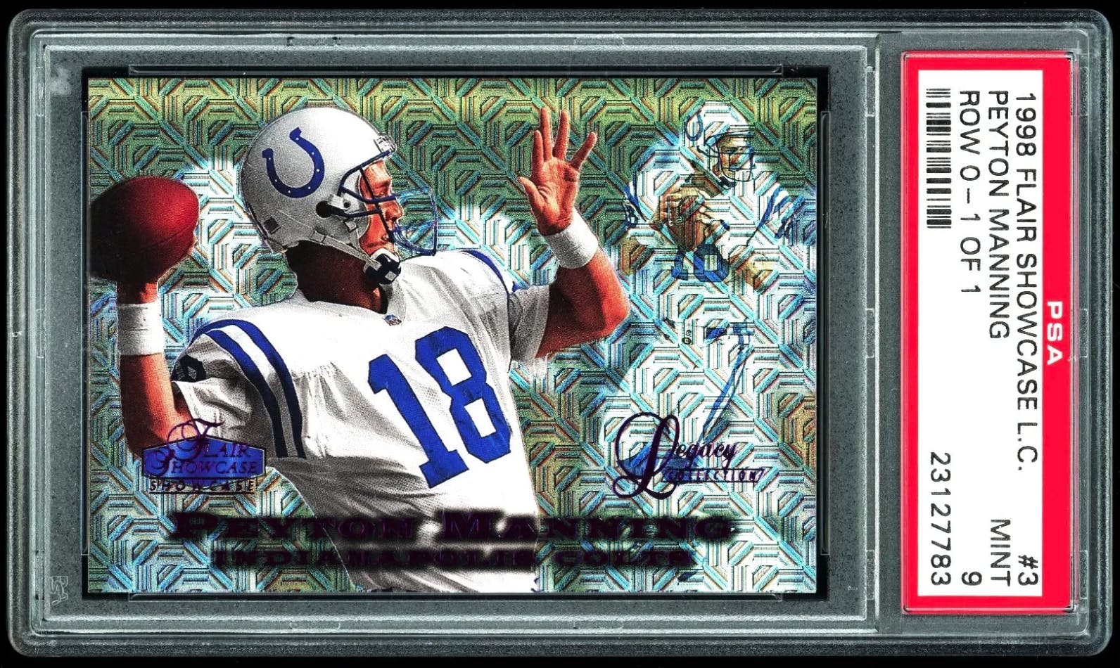 1998 Flair Showcase Peyton Manning Row 0 Legacy Masterpiece RC 1/1 (graded PSA 9).