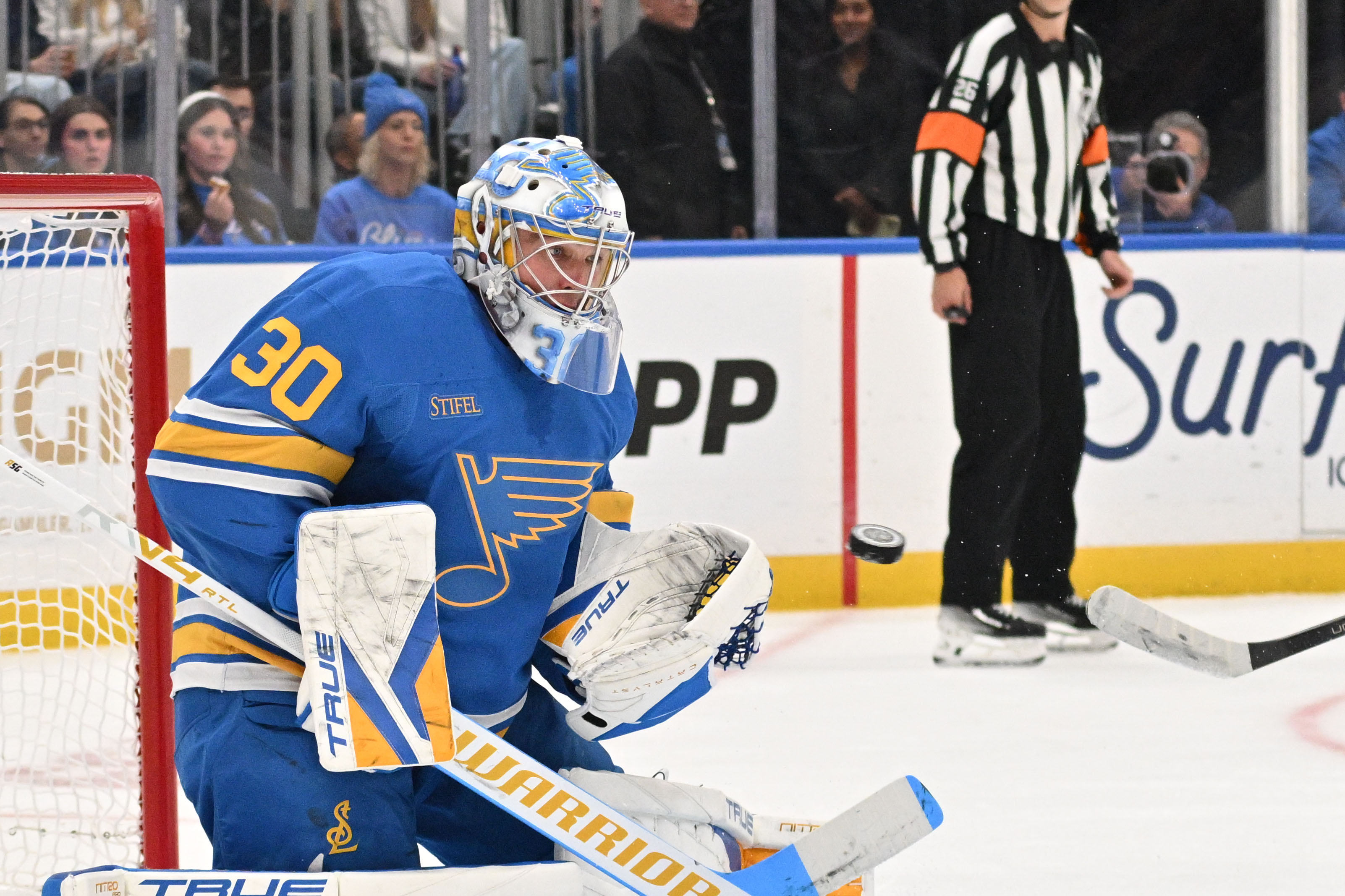 St. Louis Blues goaltender Joel Hofer (30) makes a save as he is featured in our NHL predictions today.