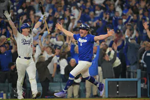 Los Angeles Dodgers Enrique Hernandez and Will Smith celebrate a walk-off home run by  Freddie Freeman as we look at our Blue Jays vs. Dodgers player props.