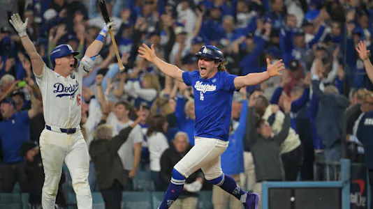 Los Angeles Dodgers Enrique Hernandez and Will Smith celebrate a walk-off home run by  Freddie Freeman as we look at our Blue Jays vs. Dodgers player props.