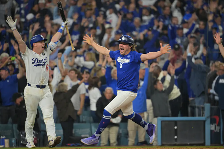 Los Angeles Dodgers Enrique Hernandez and Will Smith celebrate a walk-off home run by  Freddie Freeman as we look at our Blue Jays vs. Dodgers player props.