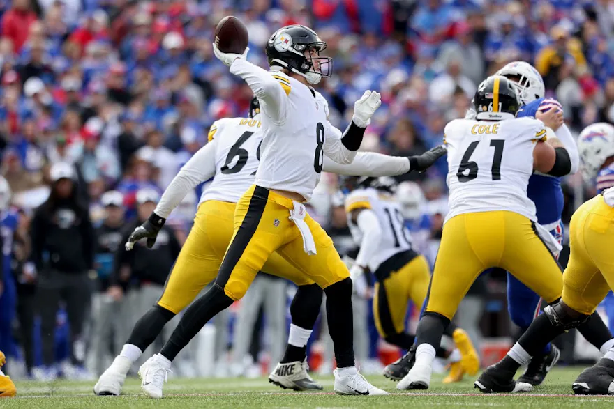 Kenny Pickett #8 of the Pittsburgh Steelers passes against the Buffalo Bills during the first half at Highmark Stadium on Oct. 9.