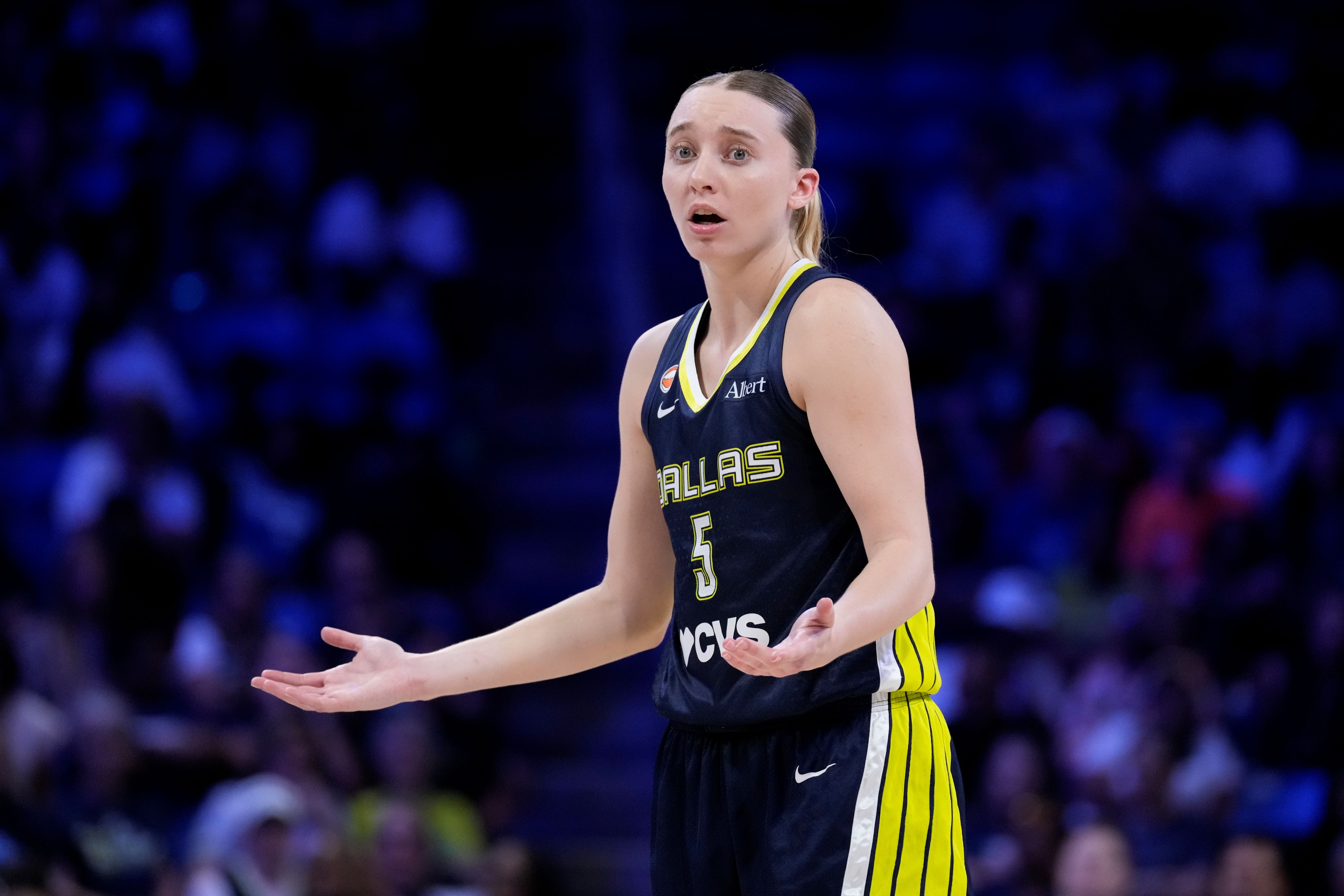 Dallas Wings guard Paige Bueckers (5) reacts as we break down our Wings vs. Valkyries prediction.