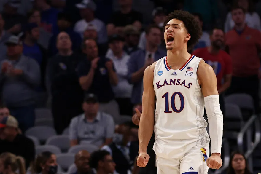 Jalen Wilson of the Kansas Jayhawks reacts in the second half of the game against the Creighton Bluejays.