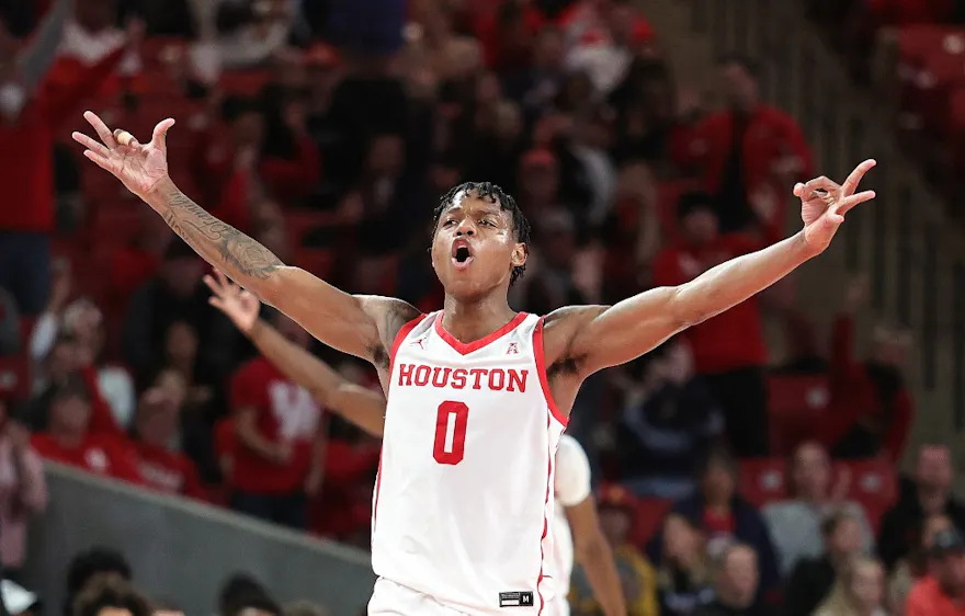 Marcus Sasser of the Houston Cougars reacts after a 3-point basket against the Oral Roberts Golden Eagles. 