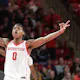 Marcus Sasser of the Houston Cougars reacts after a 3-point basket against the Oral Roberts Golden Eagles.
