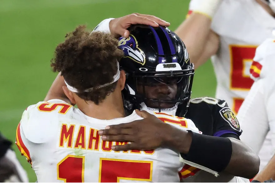 Quarterbacks Patrick Mahomes of the Kansas City Chiefs and Lamar Jackson of the Baltimore Ravens hug as we look at the Sunday Night Football odds for the 2024-25 NFL season
