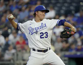 Starting pitcher Zack Greinke of the Kansas City Royals throws a pitch against the Minnesota Twins in the first inning at Kauffman Stadium on September 20, 2022 in Kansas City, Missouri.