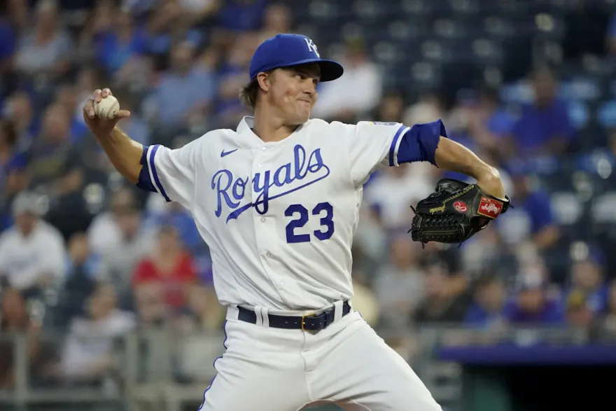 Starting pitcher Zack Greinke of the Kansas City Royals throws a pitch against the Minnesota Twins in the first inning at Kauffman Stadium on September 20, 2022 in Kansas City, Missouri.