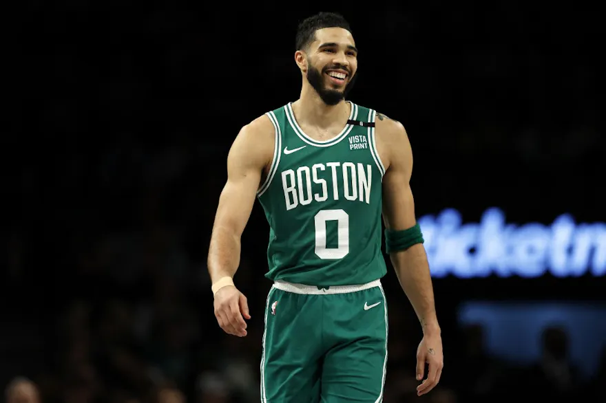 Jayson Tatum of the Boston Celtics looks on during the second half against the Brooklyn Nets at Barclays Center as we look at our Celtics-Knicks NBA player props.