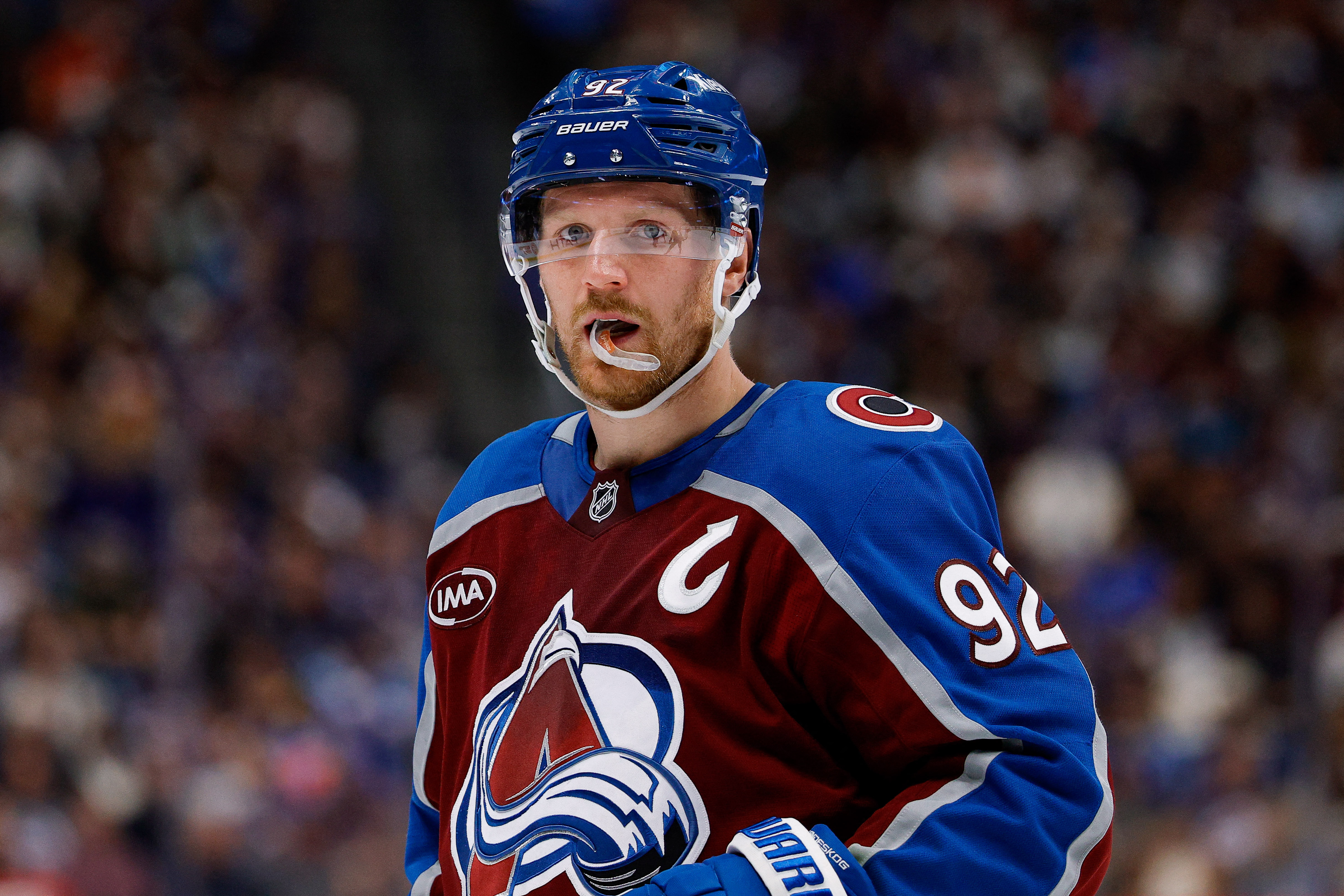 Colorado Avalanche forward Gabriel Landeskog (92) looks on as we provide our best NHL player props today.