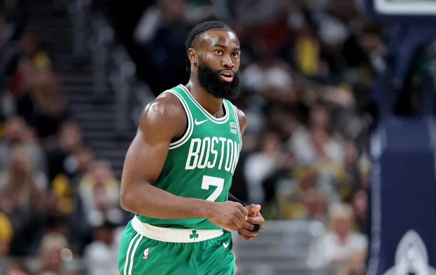 Jaylen Brown of the Boston Celtics against the Indiana Pacers as we look at our bet365 promo code for 76ers-Celtics.
