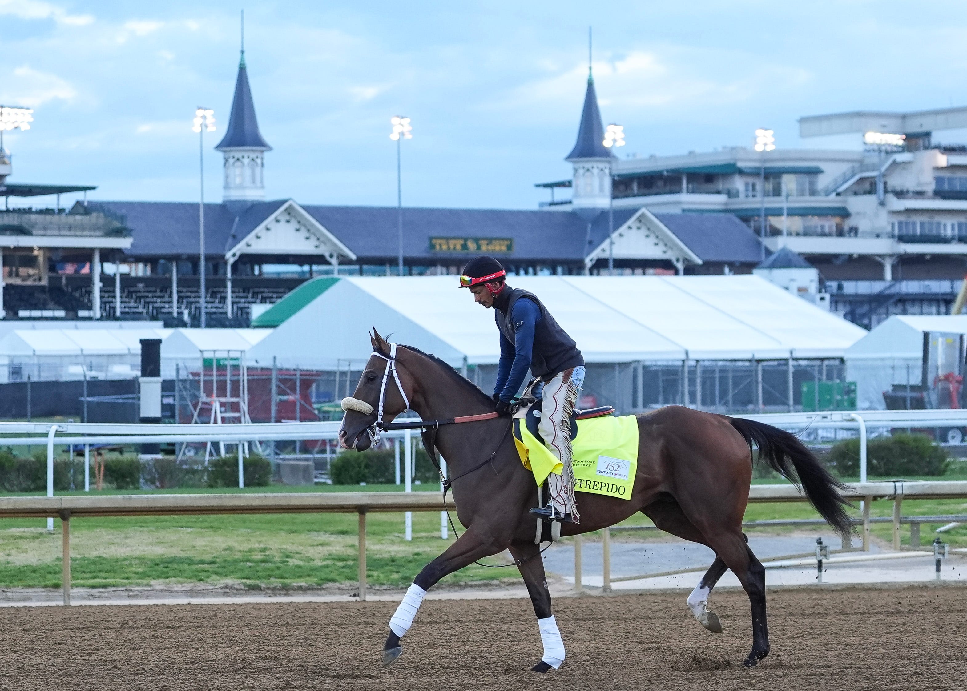 Exercise rider Alejandro Galindo with 2026 Kentucky Derby horse Intrepido on the track as we look at the Churchill Downs pushback on prediction markets.