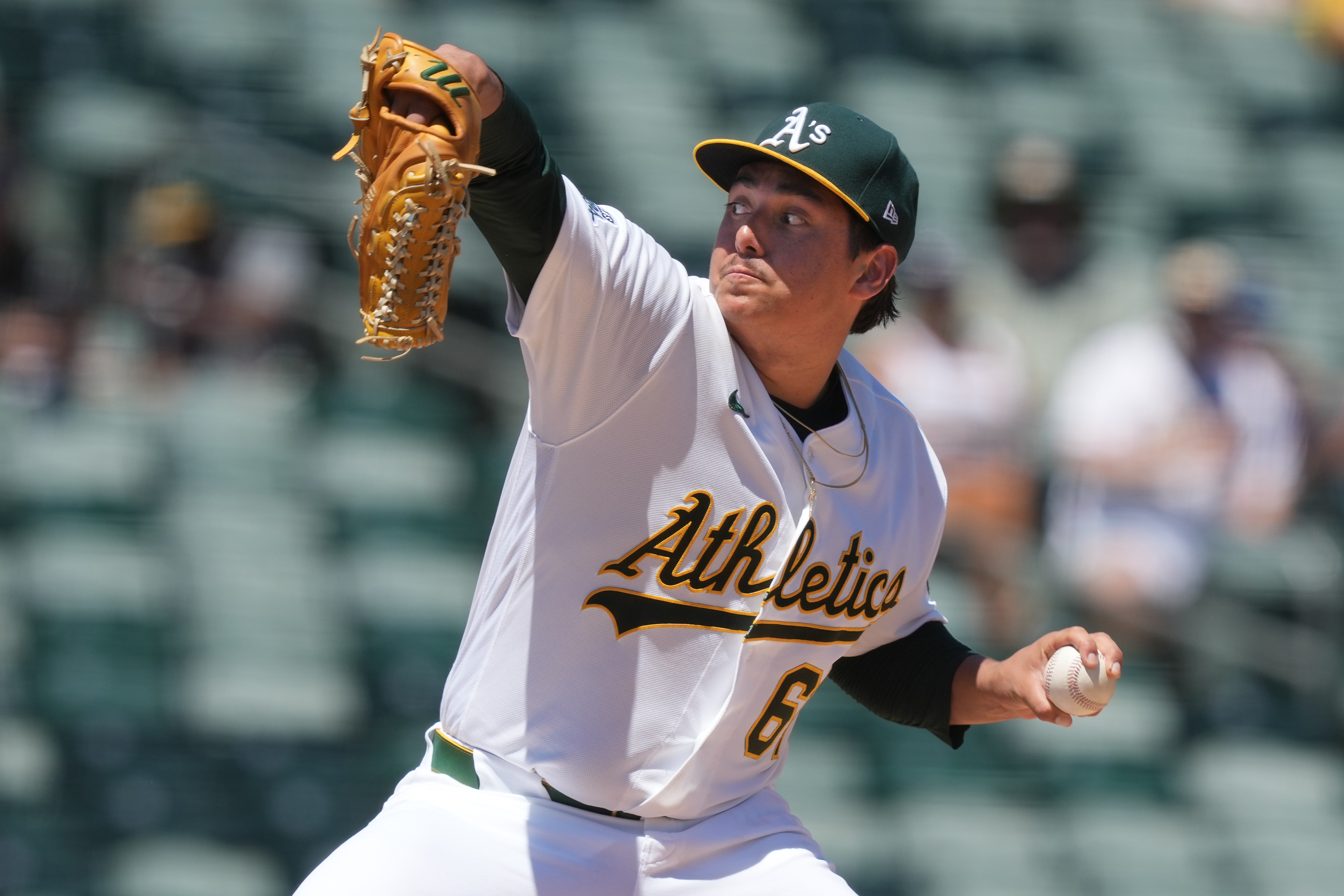 Athletics starting pitcher Gage Jump throws a pitch as we make our best Athletics vs. Red Sox prediction