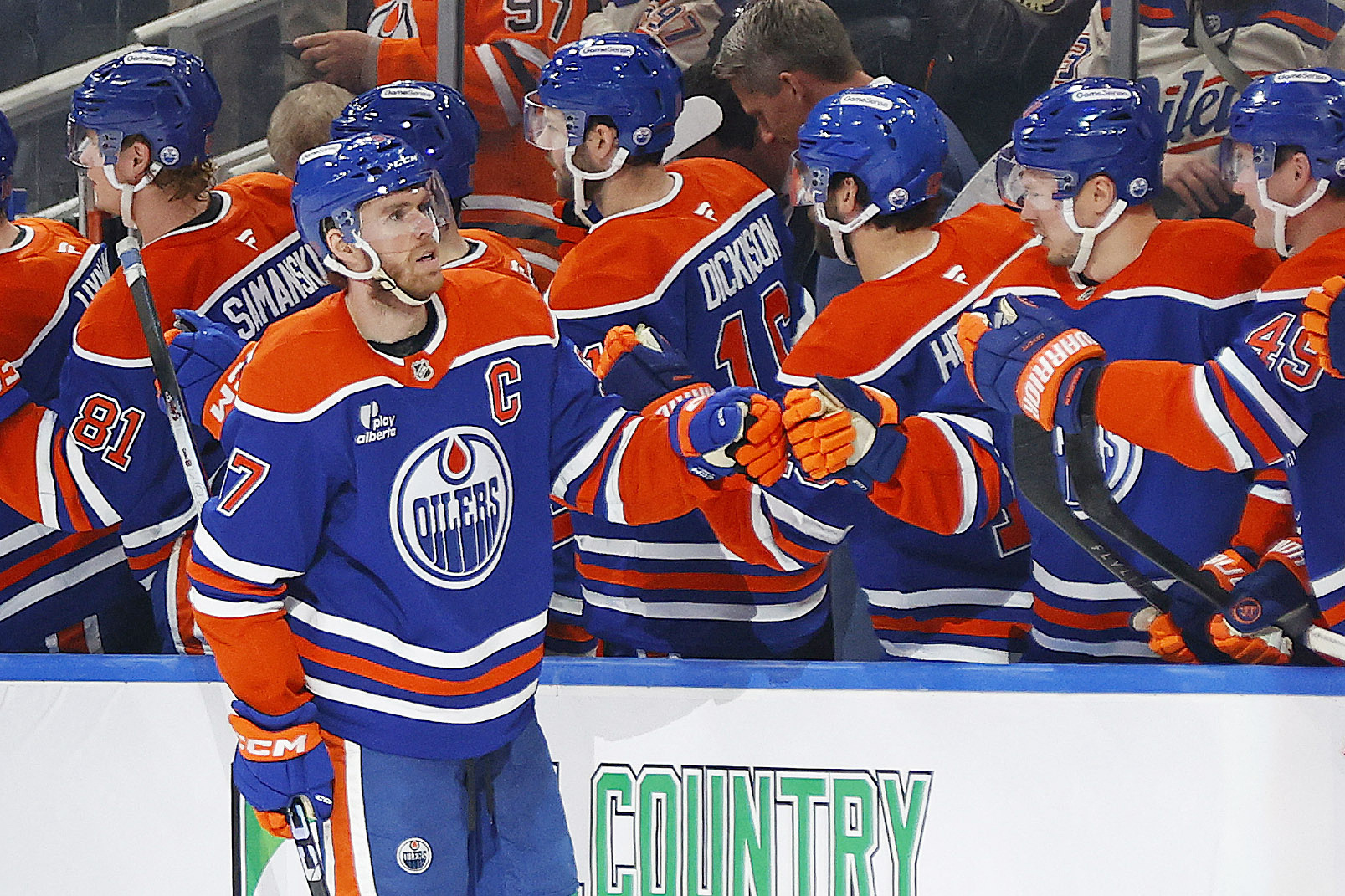 The Edmonton Oilers celebrate a goal scored by forward Connor McDavid - who's featured in my anytime goal scorers today - during the second period.