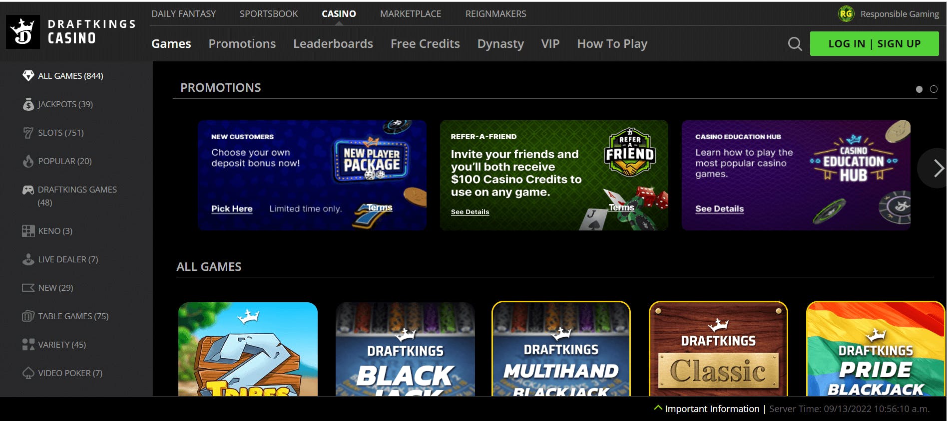 DraftKings Casino home page<br>