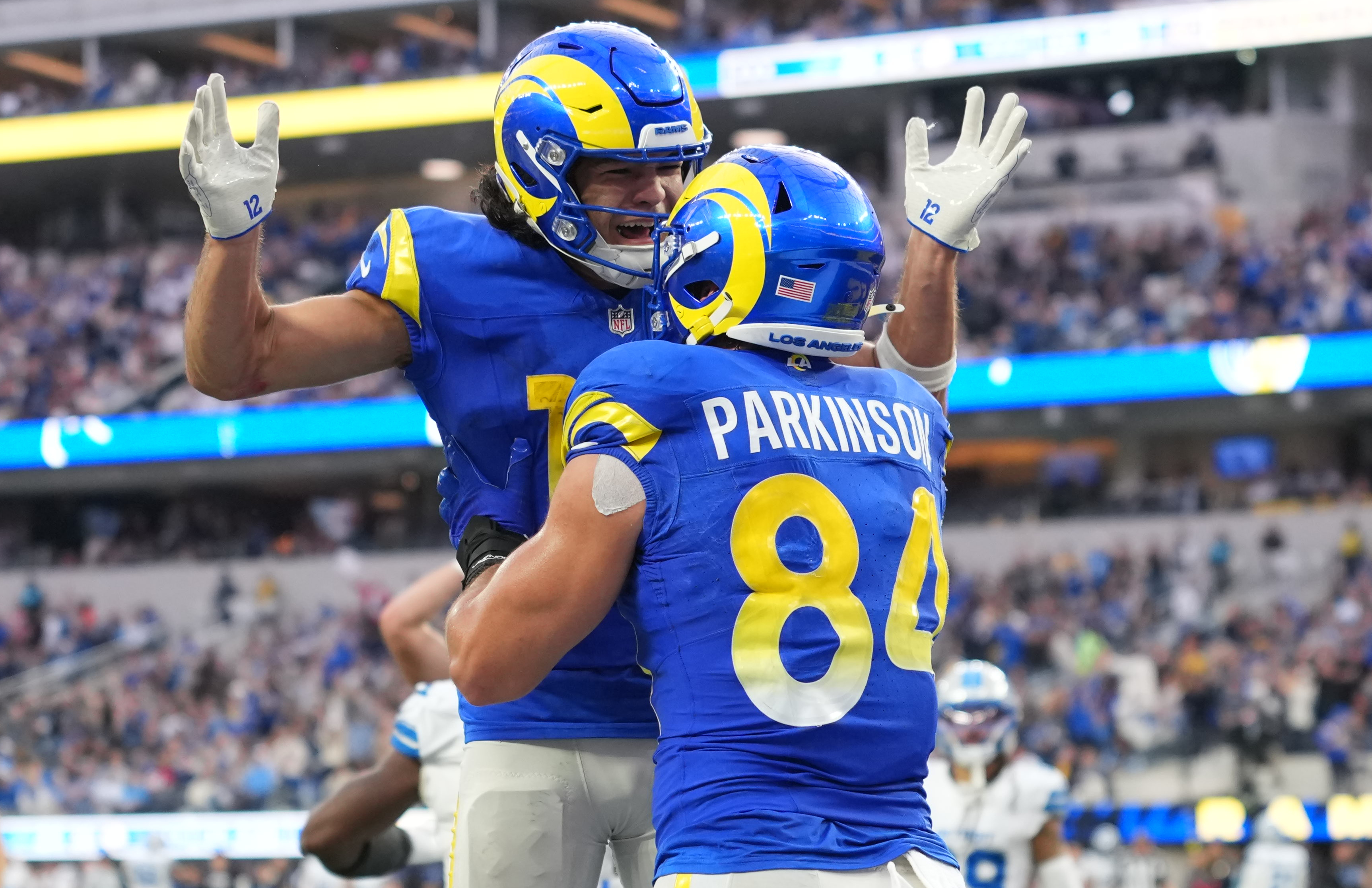 Los Angeles Rams wide receiver Puka Nacua (12) and Los Angeles Rams tight end Colby Parkinson (84) celebrate. Both players are featured in the most popular bets for Thursday Night Football.