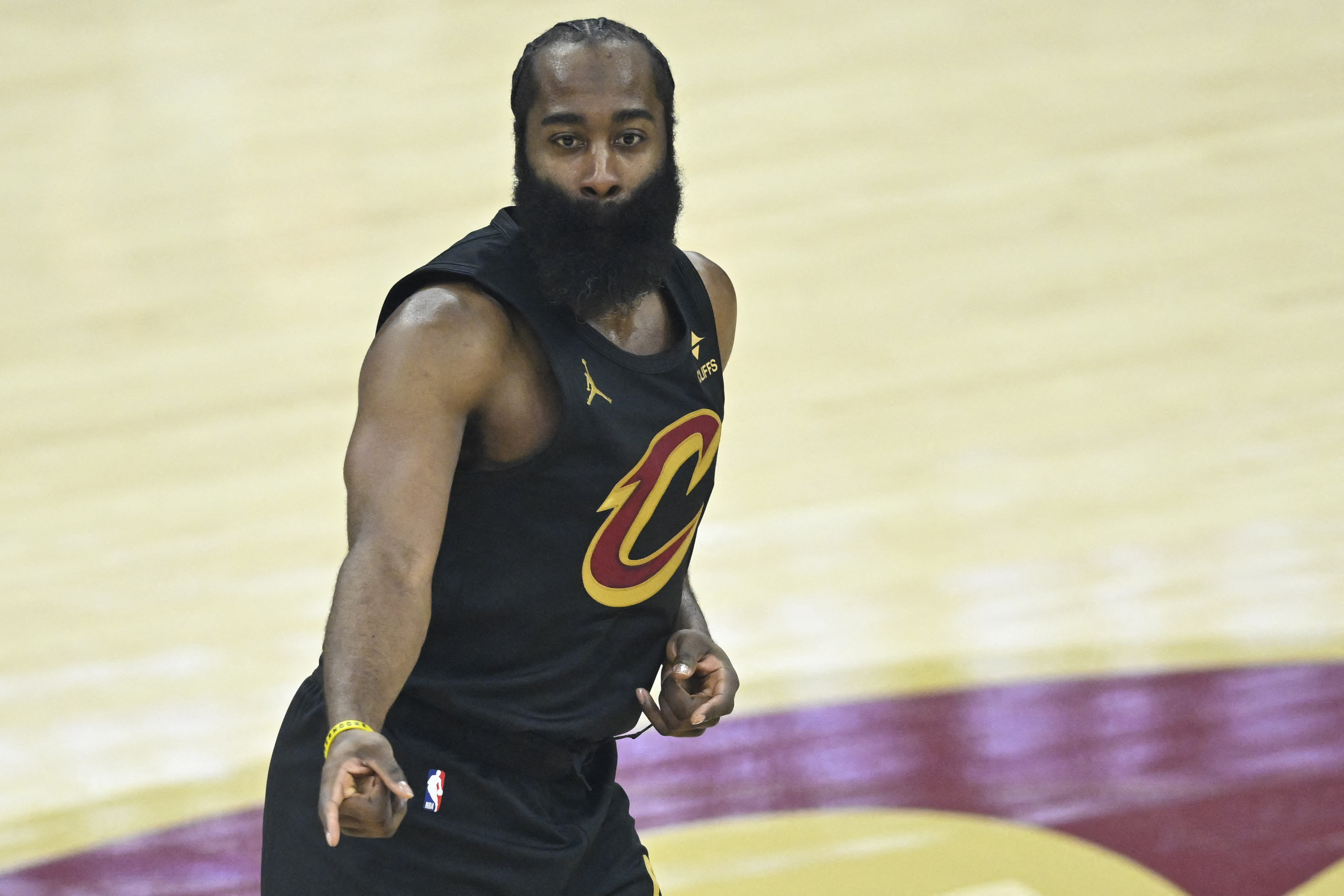 Cleveland Cavaliers guard James Harden - who's featured in my NBA player props - celebrates his three-point basket.