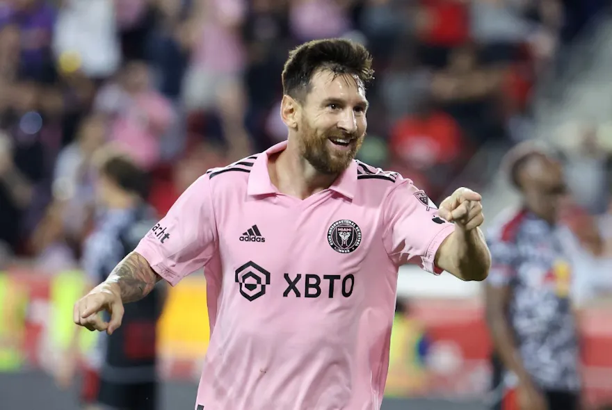Lionel Messi of Inter Miami CF celebrates after scoring a goal in the second half during a match against New York Red Bulls, and we offer new U.S. bettors our exclusive bet365 bonus code for Inter Miami vs. Nashville.