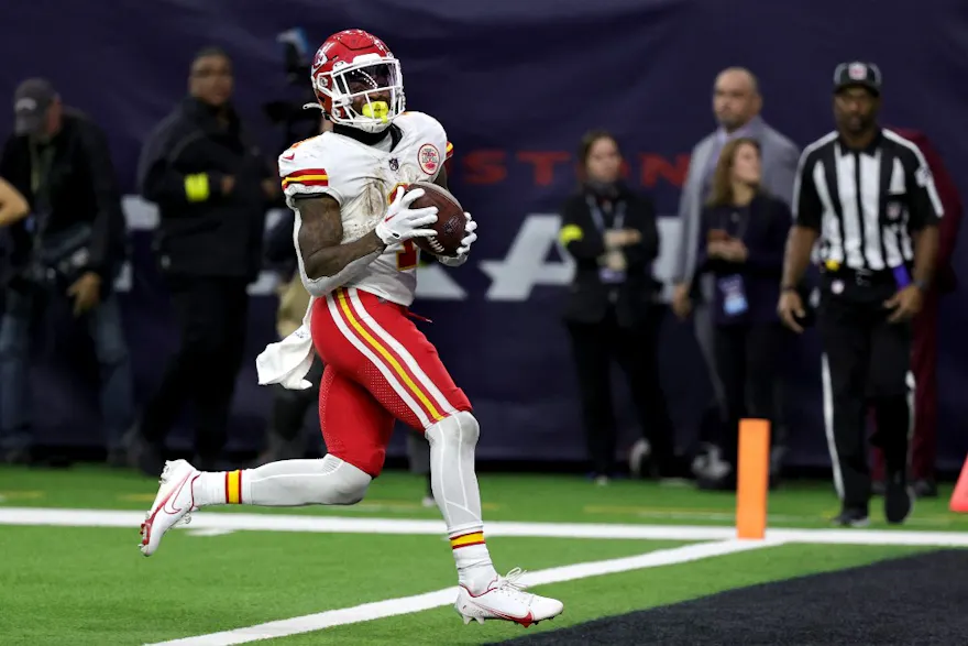 Jerick McKinnon of the Kansas City Chiefs rushes for a touchdown against the Houston Texans at NRG Stadium on Dec. 18, 2022 in Houston, Texas.
