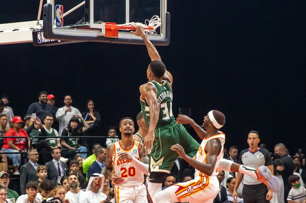Giannis Antetokounmpo of Milwaukee Bucks in action during a friendly match between Atlanta Hawks and Milwaukee Bucks at Etihad Arena within the preparations for NBA's 2022-2023 season in Abu Dhabi, United Arab Emirates on October 06, 2022. Photo by Waleed Zein/Anadolu Agency via AFP.