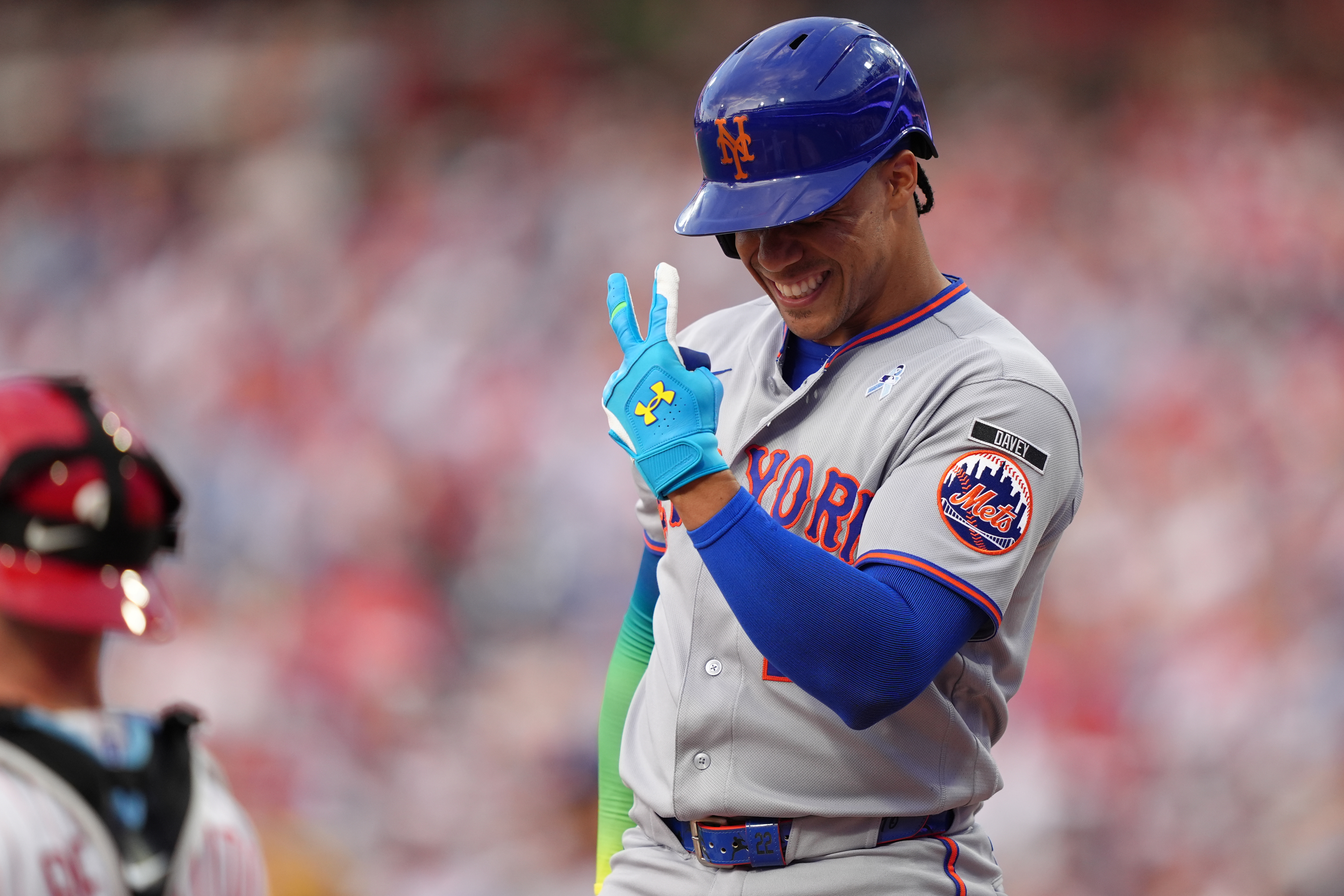 New York Mets outfielder Juan Soto (22) reacts as we break down our Phillies vs. Mets prediction.