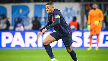Kylian Mbappe of PSG during the French championship Ligue 1 football match between Olympique de Marseille and Paris Saint-Germain as we make our best PSG vs. Barcelona prediction in the Champions League quarterfinal first leg. 