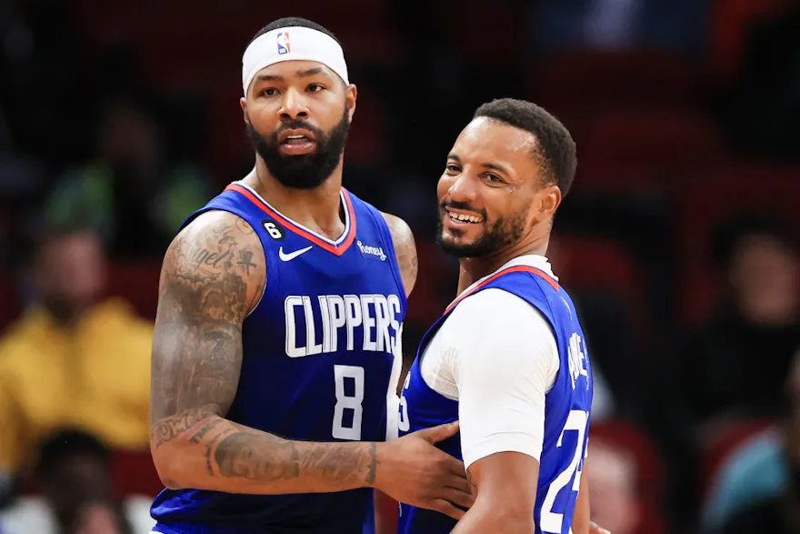 Marcus Morris Sr. and Norman Powell of the L.A. Clippers react during the second half against the Houston Rockets.