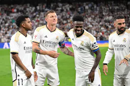 Real Madrid's Rodrygo, Toni Kroos, Vinicius Junior and Dani Carvajal react before the start of the Spanish league football as Gary Pearson offers his favorite parlay for the June 1 Champions League final between Dortmund and Real Madrid. 