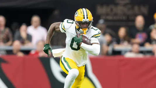 Green Bay Packers wide receiver Matthew Golden (0) aruns with the ball in open field as we make our Packers vs. Steelers anytime touchdown scorer predictions for SNF