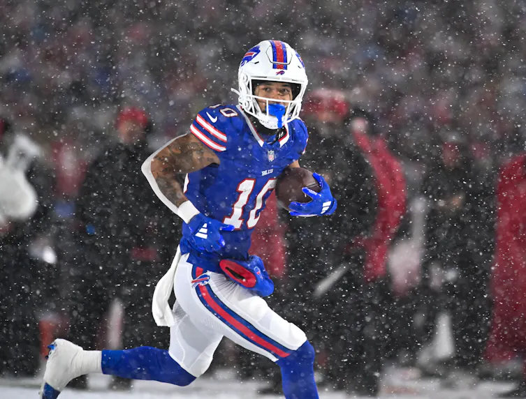 Buffalo Bills wide receiver Khalil Shakir makes a first down after a catch in the third quarter against the San Francisco 49ers as we look at our anytime touchdown scorer predictions.