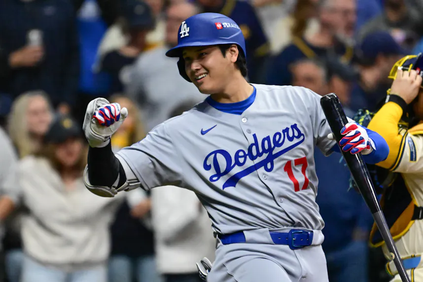 Los Angeles Dodgers designated hitter Shohei Ohtani (17) gestures to fans before an at-bat as we break down our best Shohei Ohtani World Series player props against the Blue Jays.