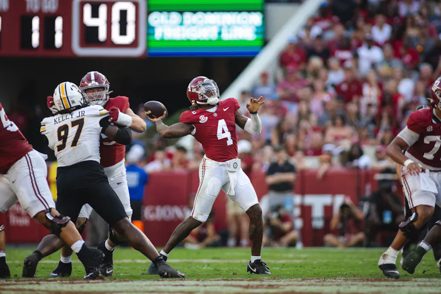 Alabama Crimson Tide quarterback Jalen Milroe throws against the Missouri Tigers during the third quarter as we offer our best Week 11 college football upset picks.