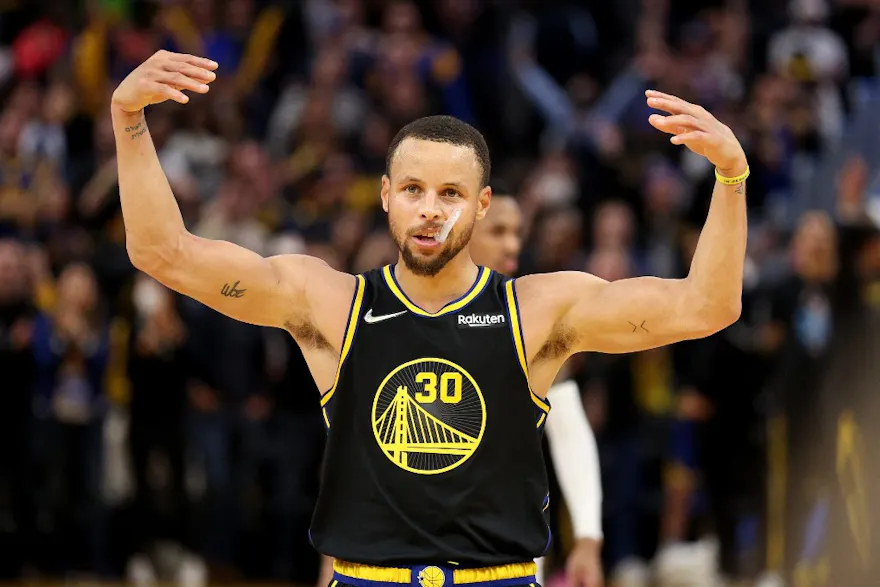 Stephen Curry of the Golden State Warriors reacts in the final seconds of their victory over the Denver Nuggets.