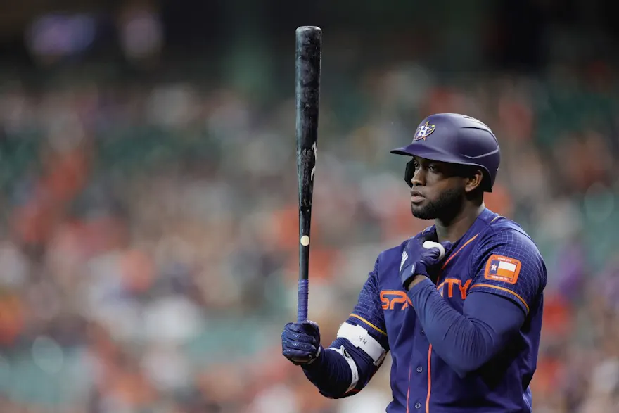 Yordan Alvarez #44 of the Houston Astros in action as we look at the 2024 MLB RBI leader odds ahead of spring training.