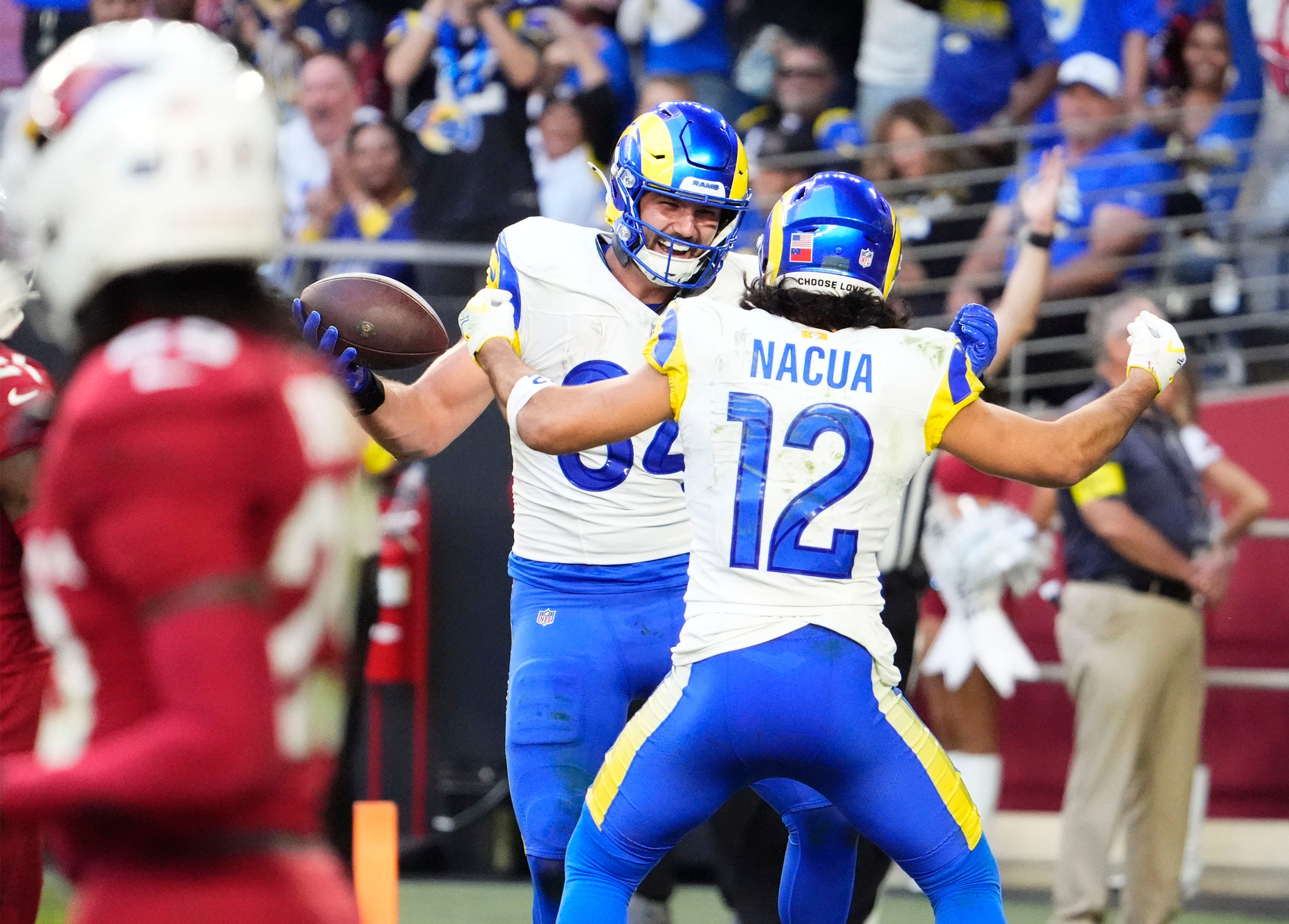 Los Angeles Rams tight end Colby Parkinson (84) celebrates his touchdown catch with wide receiver Puka Nacua (12) as we make our anytime touchdown scorer predictions for Thursday Night Football