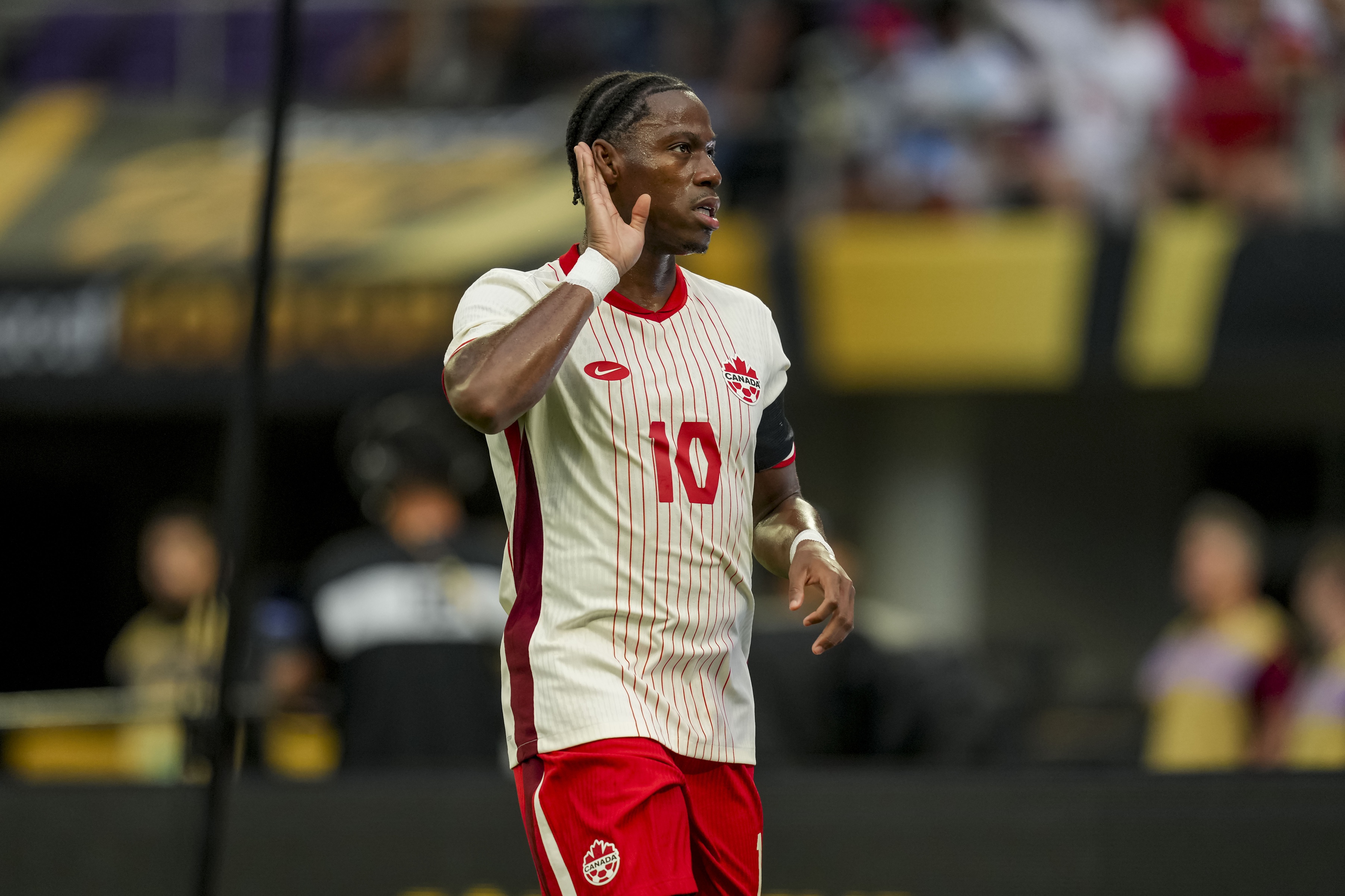 Canada forward Jonathan David (10) - who is featured in our Canada vs. Ecuador prediction, betting odds, and expert picks - celebrates.