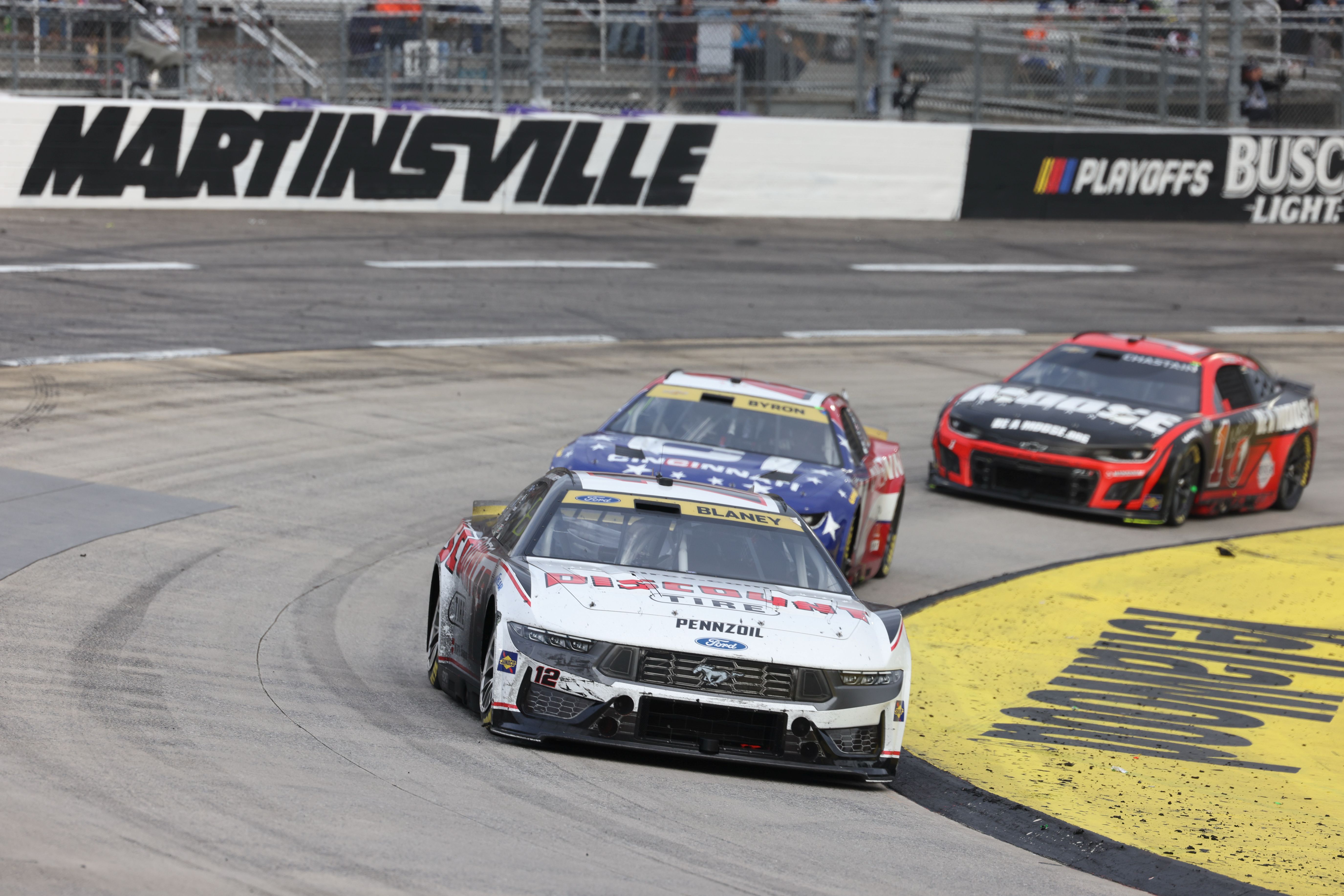NASCAR Cup Series driver Ryan Blaney (12), featured in our Cook Out 400 predictions at Martinsville, leads during stage three of the Xfinity 500 at Martinsville Speedway.