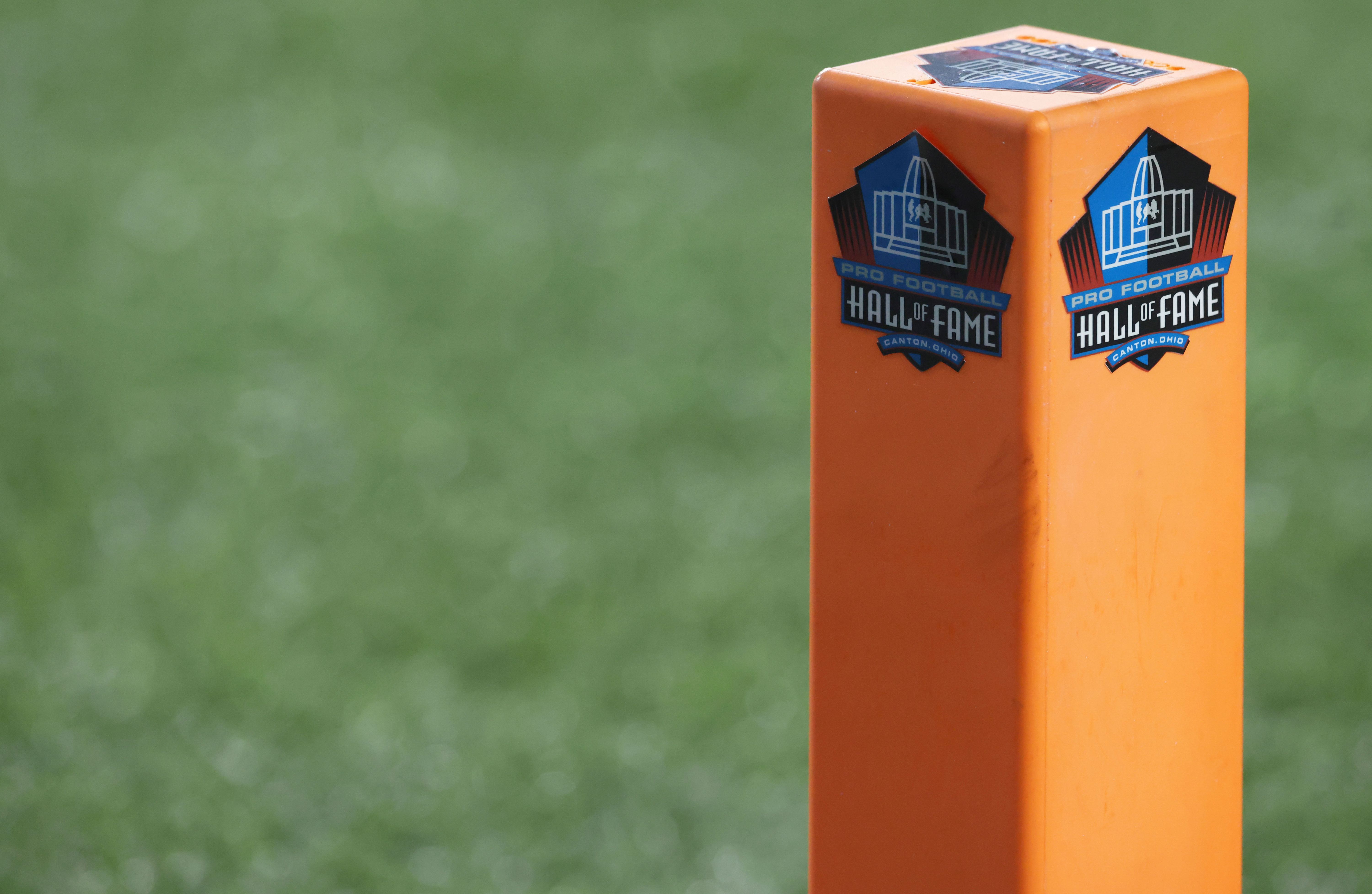 End zone pylon is branded with the NFL Hall of Fame Stadium as we look at NFL prediction markets for the 2026 Hall of Fame class inductees.