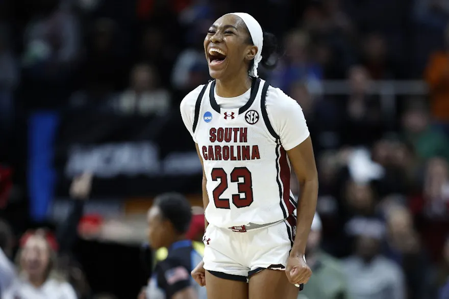 Bree Hall of the South Carolina Gamecocks celebrates after beating the Oregon State Beavers 70-58 in the Elite 8 round of the NCAA Women's Basketball Tournament as we look at our South Carolina NC State prediction.