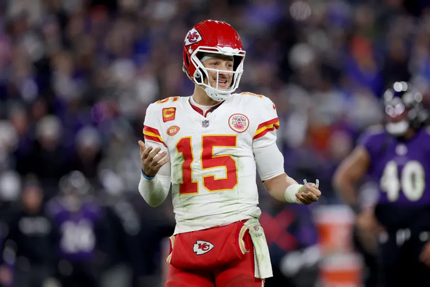 Patrick Mahomes of the Kansas City Chiefs reacts as we look at the top 2024-25 NFL MVP odds.