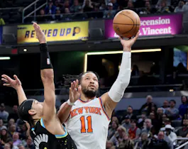 Jalen Brunson (11) of the New York Knicks shoots the ball against the Indiana Pacers, as we offer our best Pacers vs. Knicks player props for Game 1 on Monday.