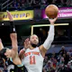 Jalen Brunson (11) of the New York Knicks shoots the ball against the Indiana Pacers, as we offer our best Pacers vs. Knicks player props for Game 1 on Monday.