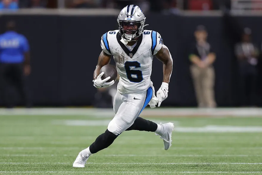 Miles Sanders #6 of the Carolina Panthers runs the ball as we look at our anytime touchdown scorer predictions for Monday Night Football