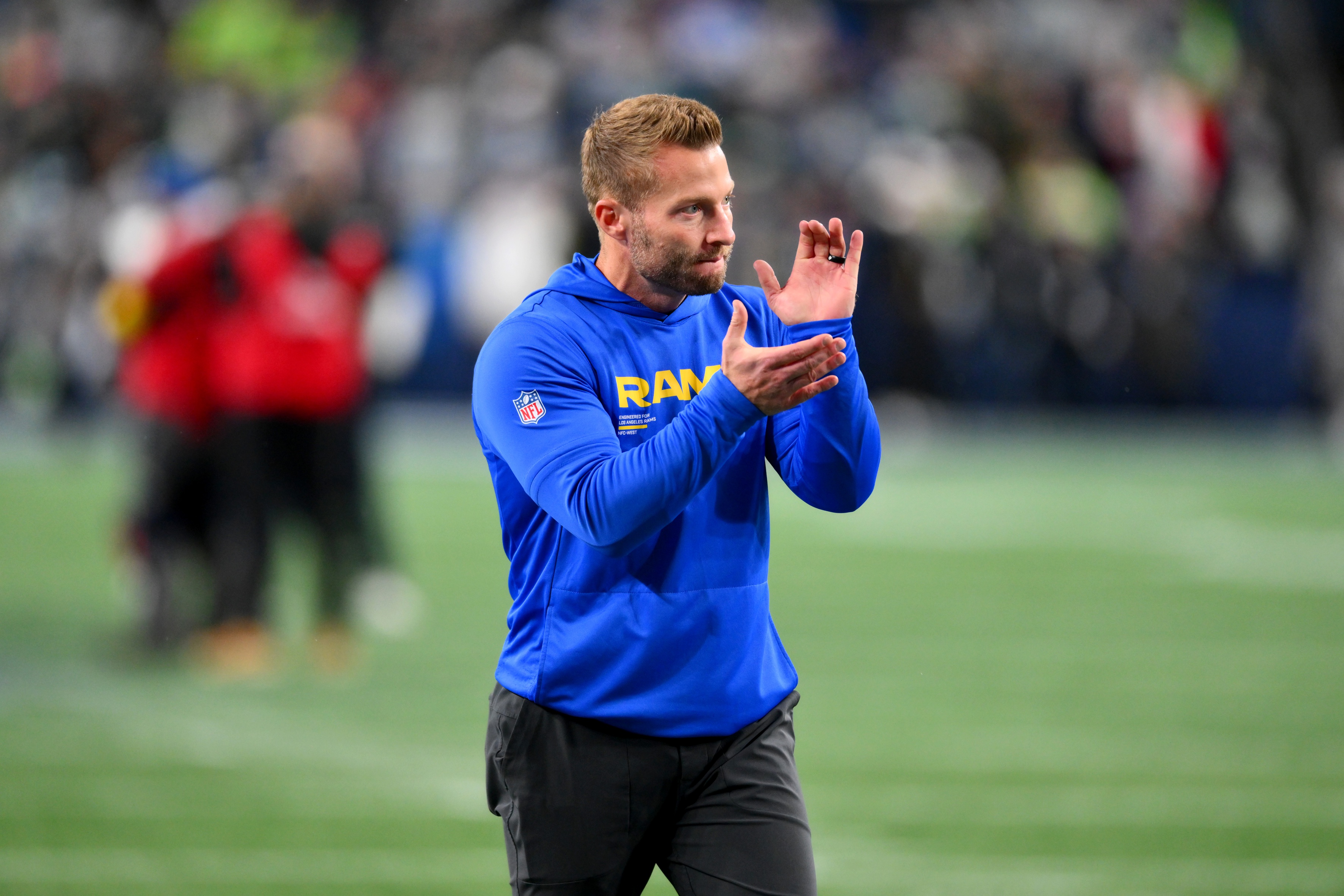 Los Angeles Rams head coach Sean McVay looks on as we break down our Rams vs. Falcons predictions for Monday Night Football tonight in NFL Week 17.